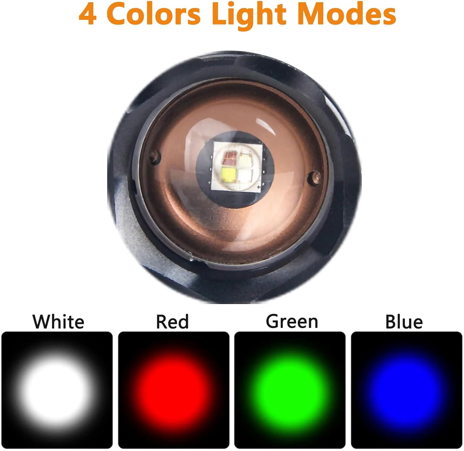 WINDFIRE Multicolor Flashlights Rechargeable, 4 Color in 1 LED Tactical Flashlight with White Blue Green Red Light, Built-in Battery, Zoomable, for Camping Hiking Fishing Hunting Astronomy