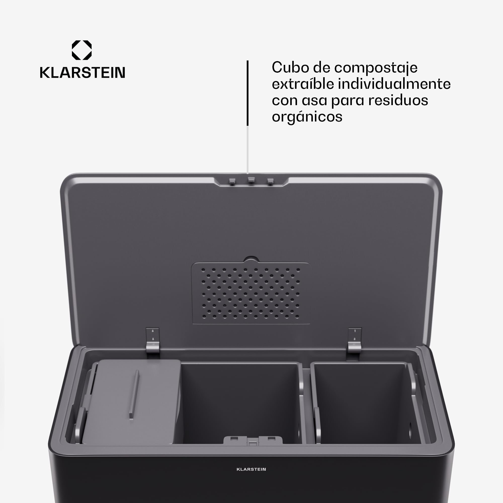 KLARSTEIN Yuma Cubo de basura cocina - 44L con 3 compartimentos, cubo de compost y filtro de olores, con filtro de carbón, acero inoxidable, patas elegantes, reciclaje fácil, negro