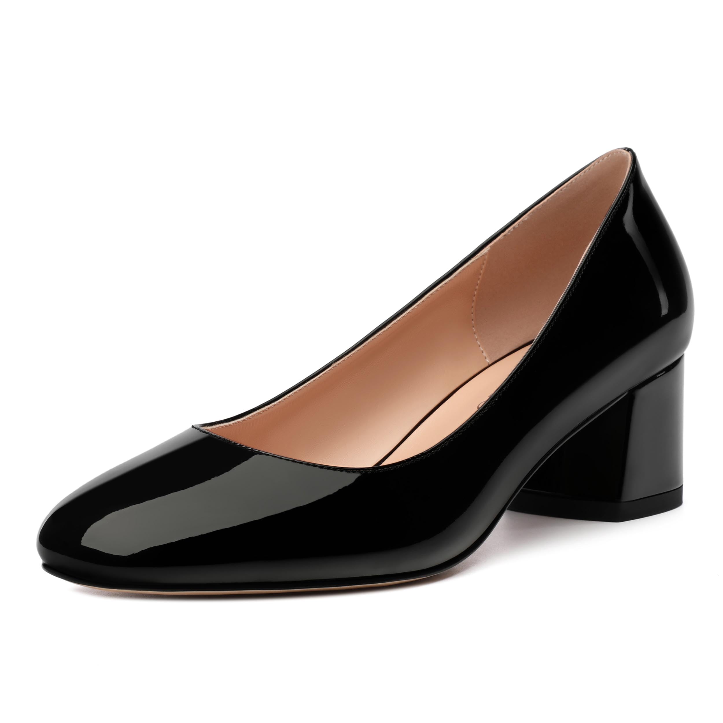 RLYGHWAO Women's Pumps Round Toe Slip On Low Chunky Heel Fashion Comfort Solid Patent Shoes for Women