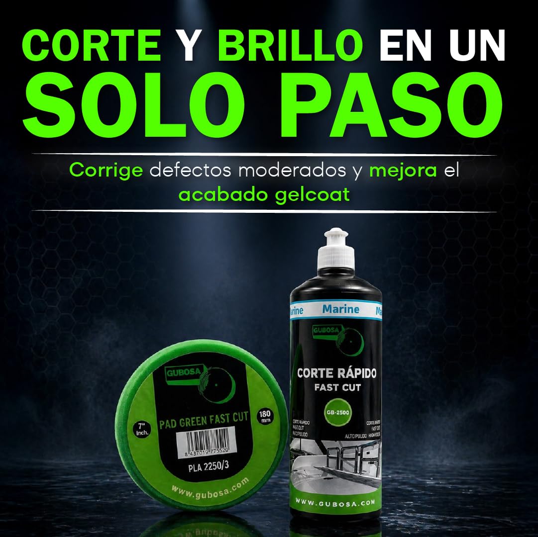 Pulimento nautico corte rapido gelcoat eliminador de oxido metal quita oxido abrillantador barco para pulidora restaurador pintura nautica cascos cubiertas kit botella 1L + pad 180mm | GUBOSA