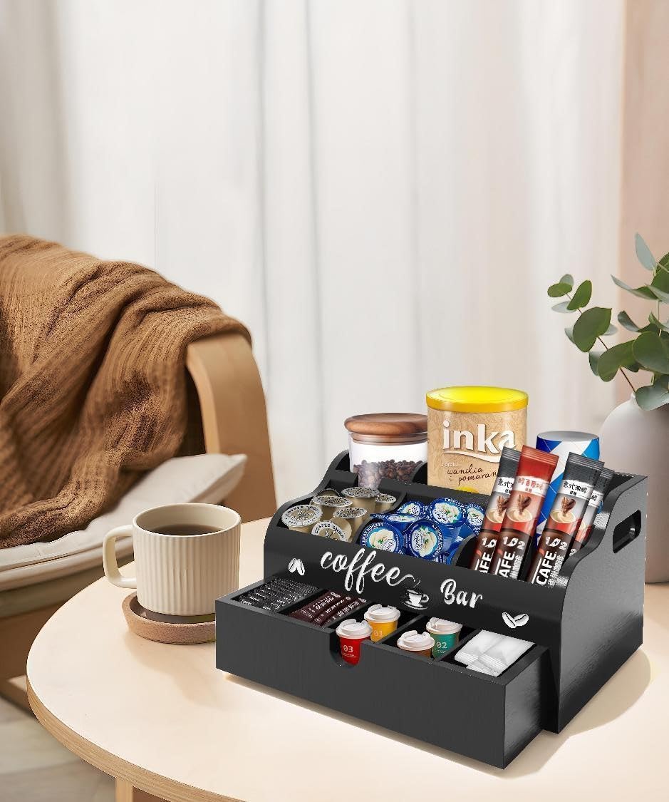 Kaffee Organizer aus Holz, 2 Tiere Kaffeestation mit Schublade für die Arbeitsplatte, Einstellbar Tee Aufbewahrung Gewürz Kaffeebar Kaffeekorbhalter Kaffeezubehör(Schwarz)