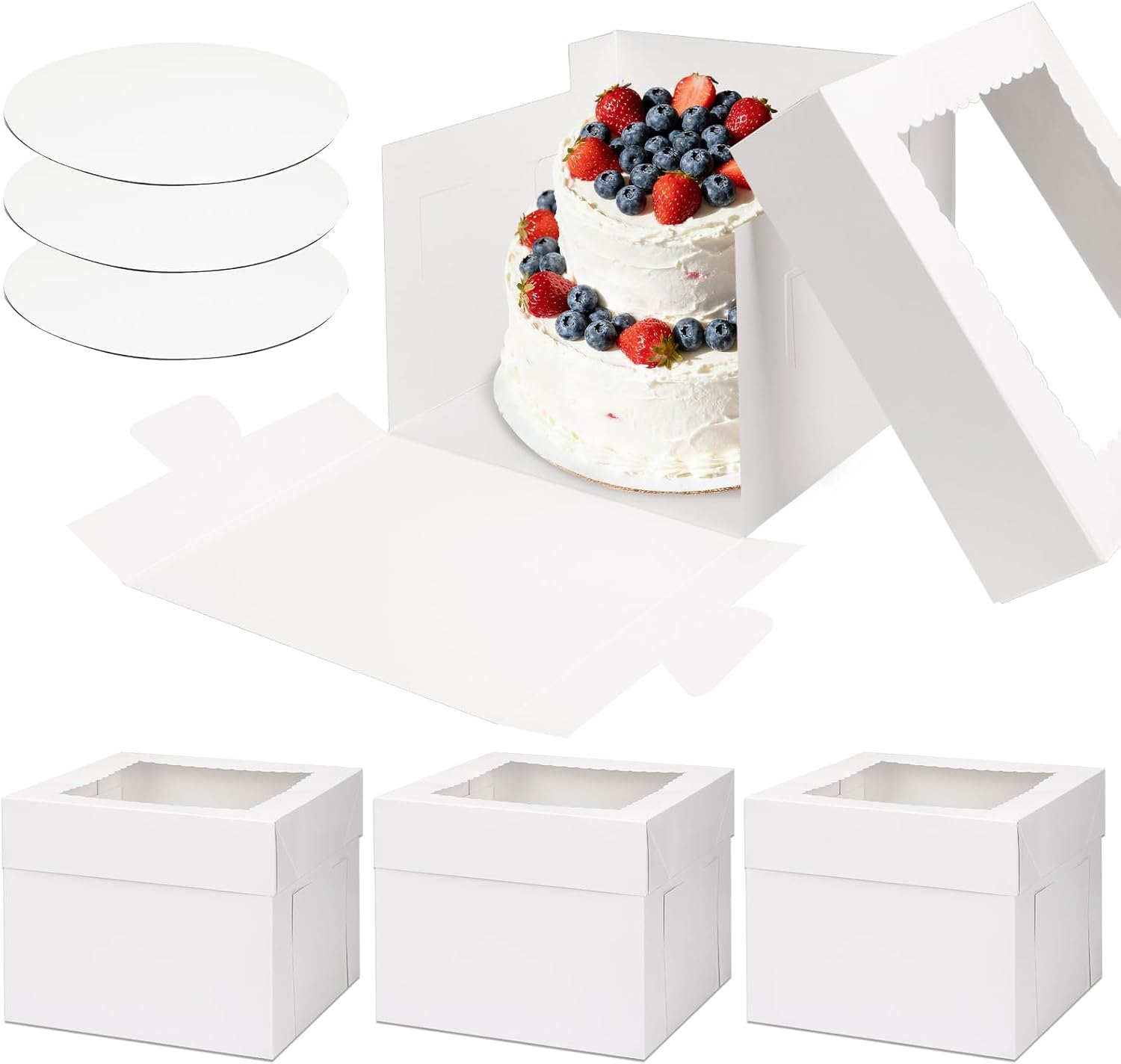 Moretoes 3 Pack 12x12x10 Inches Cake Boxes with Boards with Large Window
