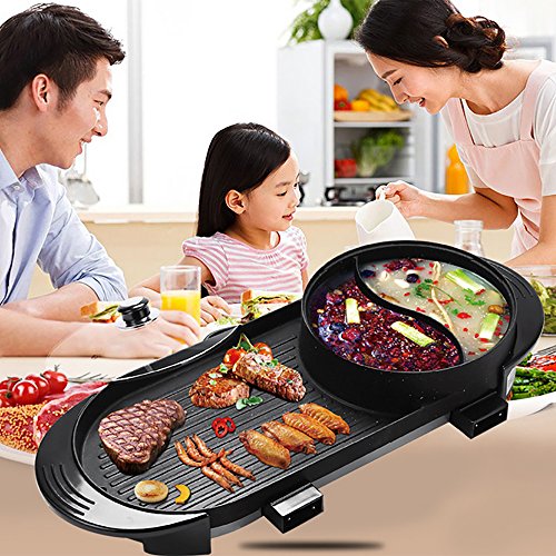 Cookware BBQ Electric Grill Pan With Hot Pot 2 In 1, Indoor/Outdoor 1700 Watts Electric Oven/Teppanyaki Electric Grill/Hot Pot