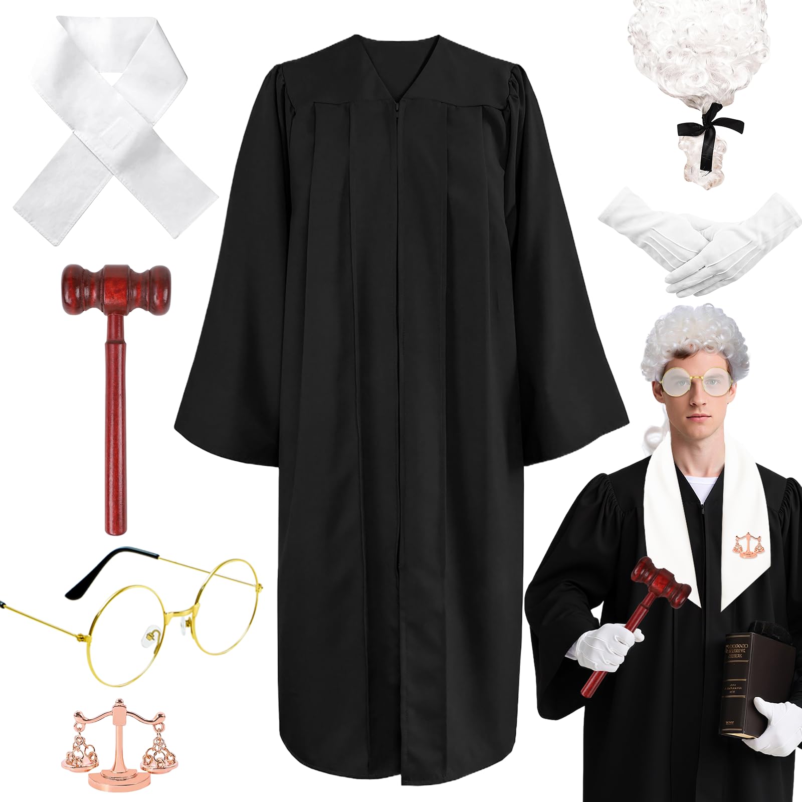 Kyndara 7Pcs Judge Costume Set for Adults Court Lawyer Fancy Dress Outfit Kit with Wig Robe Glasses Gloves Gavel Collar Brooch for Courtroom Cosplay Makeup Theme Party Halloween