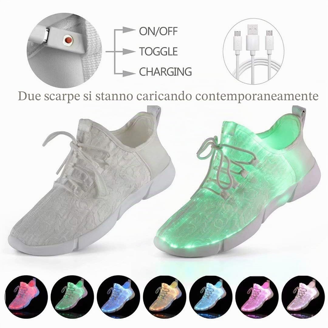 Shinmax Scarpe Uomo Donna Fibra Ottica Scarpe Bianche Scarpe LED 7 Colori 4 Modes USB Ricaricabile Light Up Scarpe Leggero Traspirante Comode Casual Sneaker Sportive Sneaker per Festa Natale Regalo