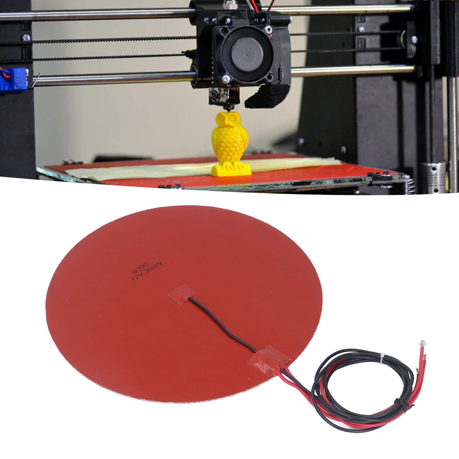 Almohadilla calefactora de silicona de 300 W, alfombrilla calefactora de alta temperatura con termistor de 100 K para cama caliente de impresora 3D, 300 mm de diámetro, cal (12 V CC)