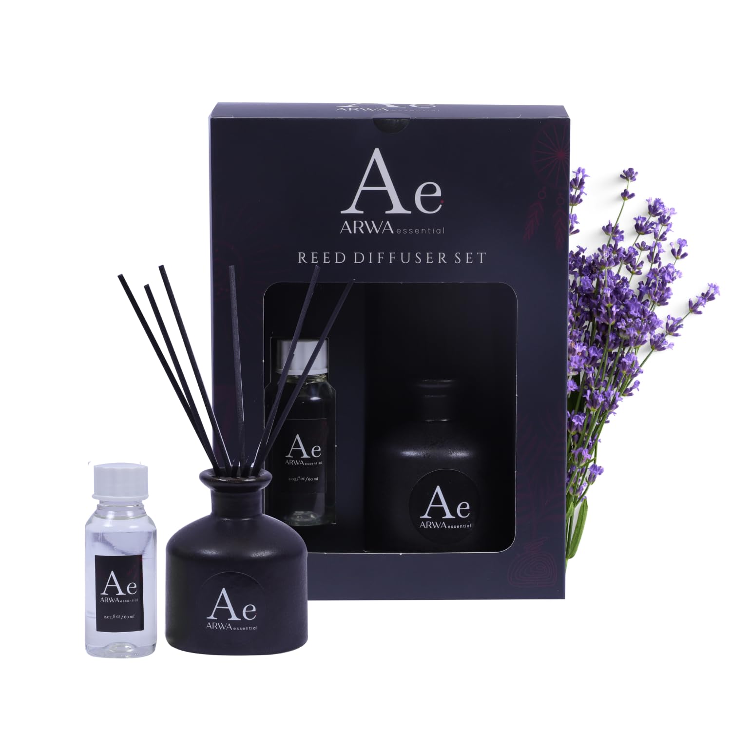 ARWA Essential French Lavender Reed Diffuser Set | Decorative Diffuser Oil Pot- Aroma Oil 60ml- Reed Sticks 6N | Room Air Freshener for Hotel/Office/Spa | Home Fragrances Gift Set | Aromatherapy Set
