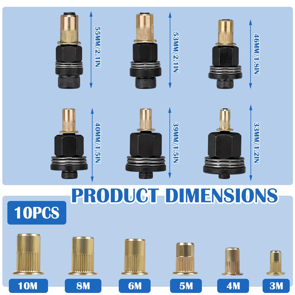 Lot de 6 pinces à écrou à riveter pour M3 M4 M5 M6 M8 M10 Écrous à sertir Pince à riveter Kit avec 66 écrous pour écrou à riveter manuel