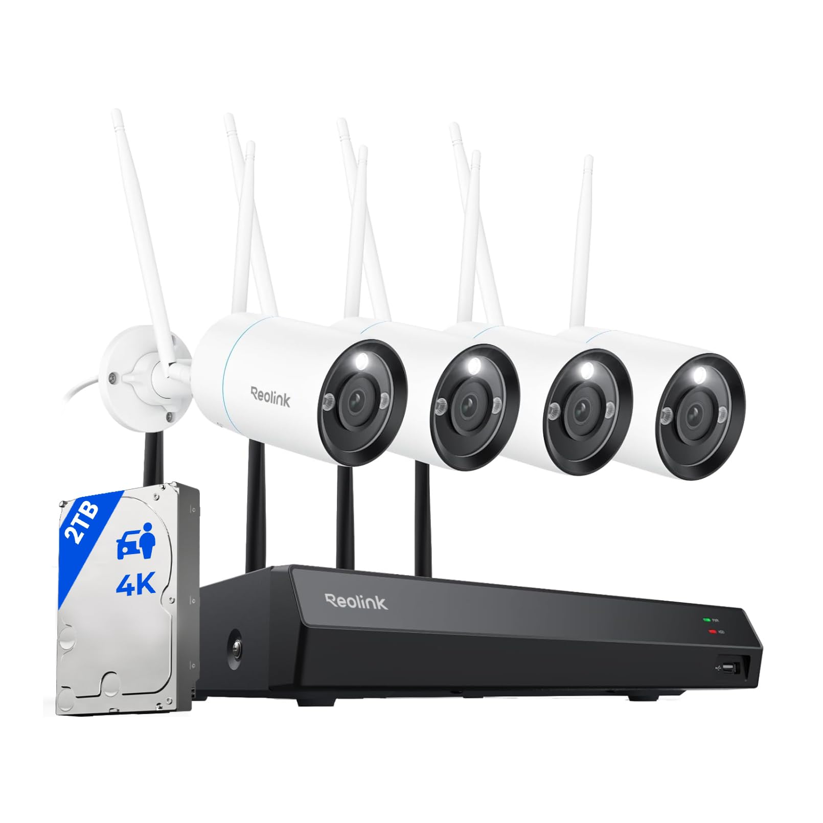 REOLINK 4K Security Camera System, 4pcs Outdoor 4K/8MP Plug-in WiFi 6 Cameras, Full Metal Material, Color Night Vision, Person/Vehicle/Animal Detection, 16CH WiFi NVR with 2TB HDD, RLK12-800WB4