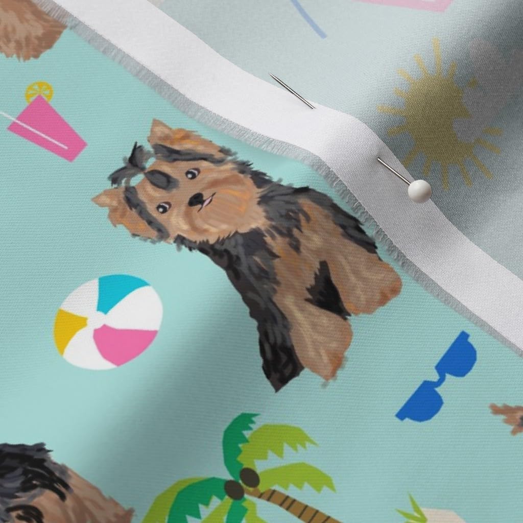 Spoonflower Fabric - Yorkie Yorkshire Terrier Summer Beach Cute Dog Light Blue Dogs Pets Printed on Organic Cotton Sateen Fabric by The Yard - Sewing Quilting Apparel Home Decor