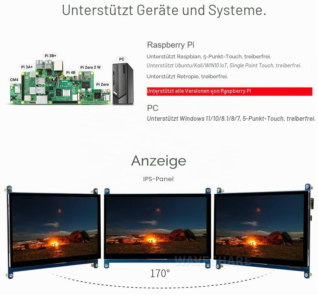 Waveshare 7inch HDMI Control Panel Display Capacitive Touch LCD 1024×600 Resolution IPS Screen Latest Version Compatible with Raspberry Pi 5/Pi 4/3B+/Zero W/Mini PC, Monitor 7 Zoll Mini Bildschirm