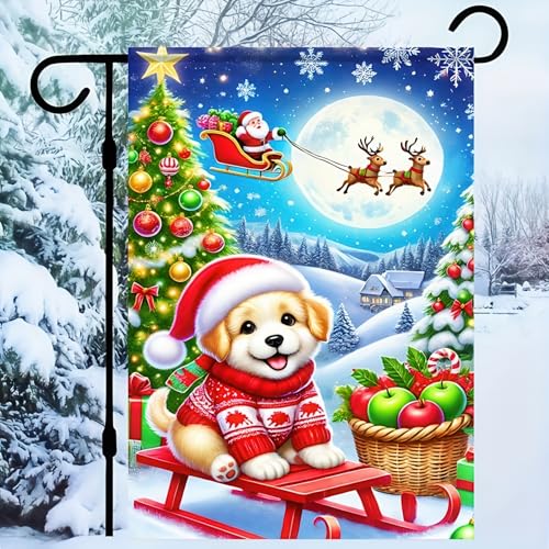 Image of BlissYard Christmas Garden Flag 12x18 Inch Puppy Sled Tree Yard Decor