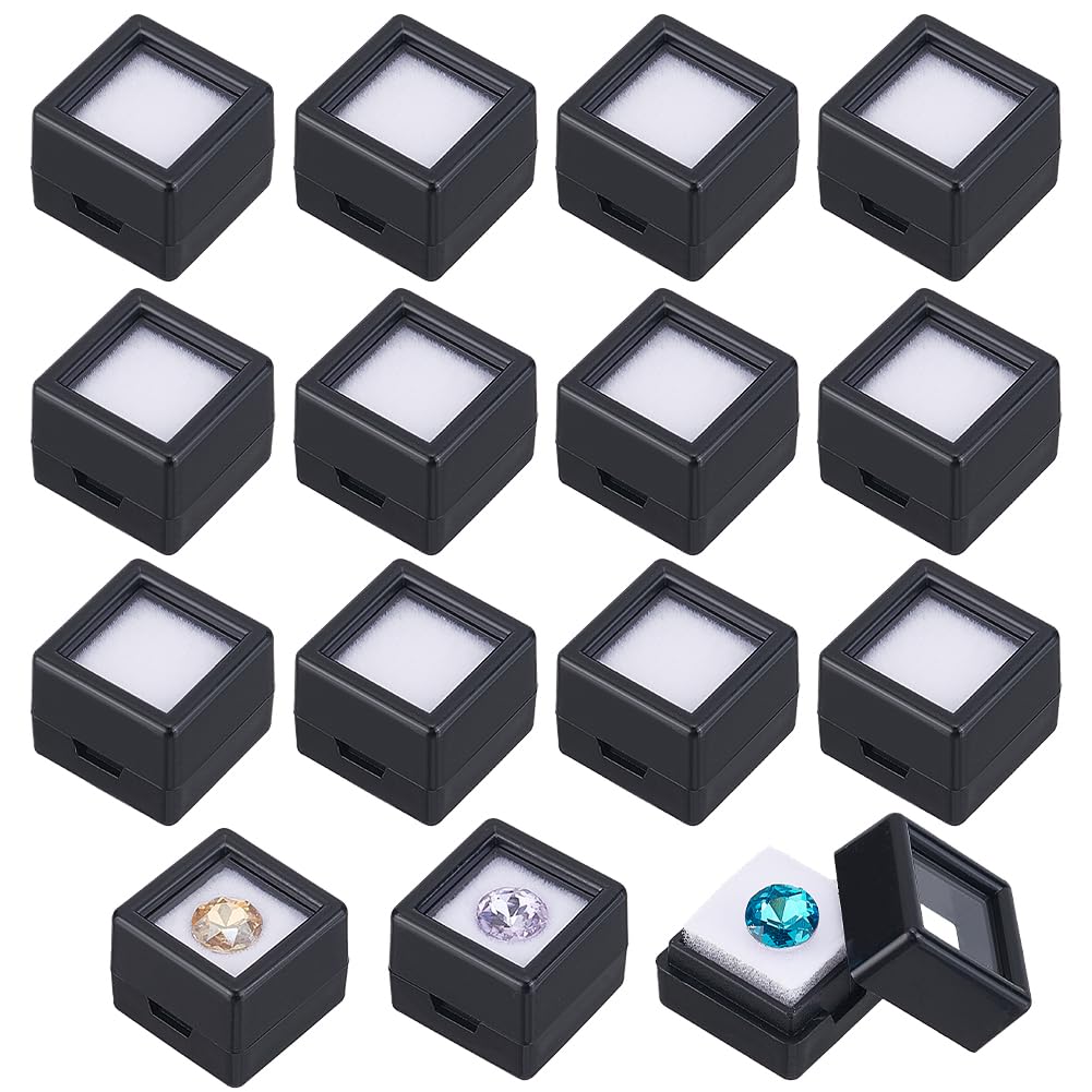 BENECREAT 36 Pack Gemstone Display Box Acrylic Diamond Display Case Black Jewelry Box with Clear Lids, White Sponge 0.8x0.6 for Treat, Gems, Diamond, Gift Packing