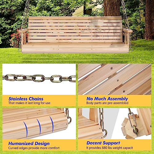 Image of VINGLI 2026 Upgraded 5 FT Wooden Porch Swing, 880 LBS Heavy Duty, Natural