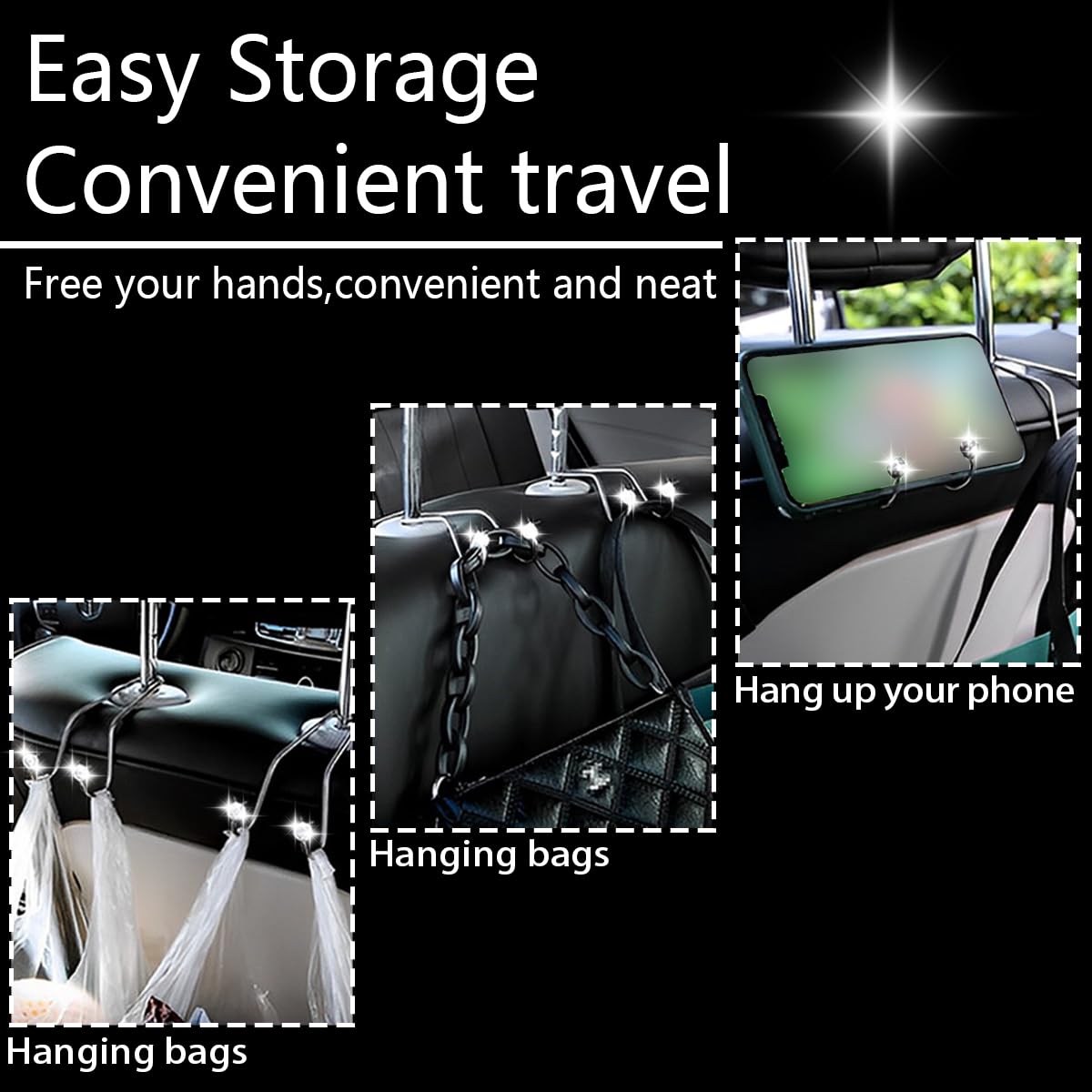 Auto Poggiatesta Gancio Borsa,Ganci per Poggiatesta per Auto con Strass di Cristallo Organizer Ganci per Auto Universali Ganci per Seggiolino Auto per Veicoli Auto