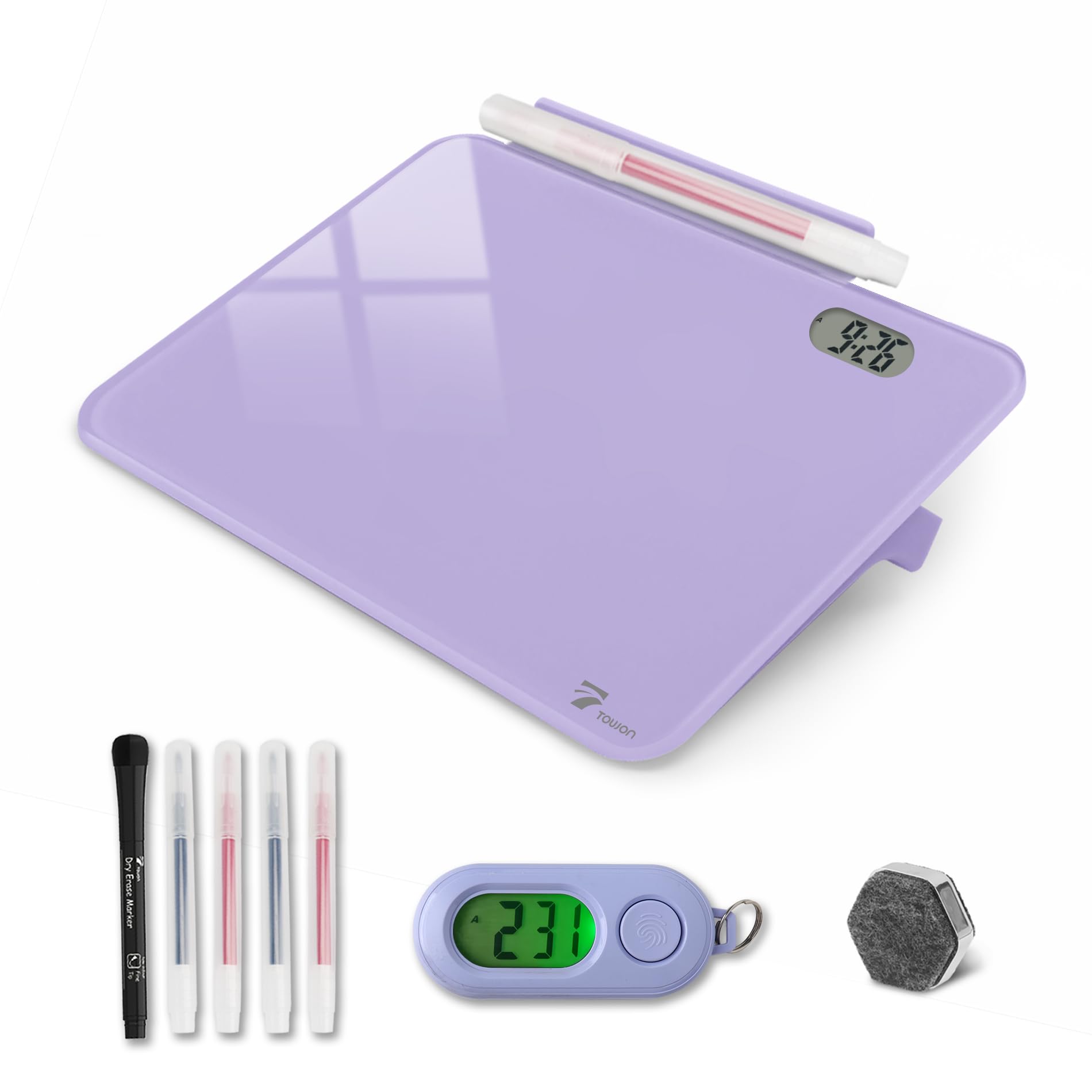 Small Glass Desk Whiteboard Dry-Erase Board with Clock, Small Travel Clock Keychain with Desk Notepad, Time Table Whiteboard for Desk Digital LED Light Display, 8x6 in with Accessories, Purple