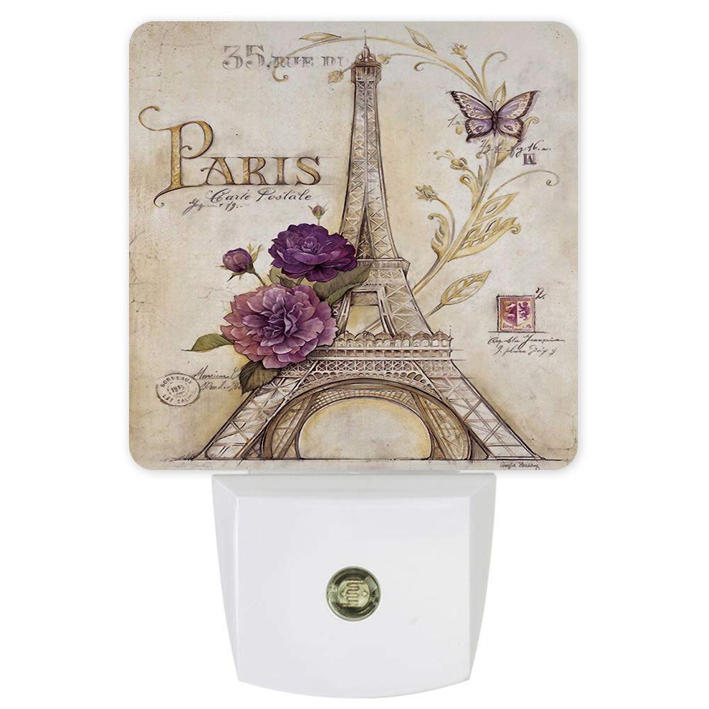 Plug-in LED Night Light with Auto Dusk to Dawn Sensor Retro Paris Architecture Romantic Flower Vintage Postmark Butterflies Home Decor for Bedroom Bathroom Kitchen Kids Room Hallway Stairs Nursery