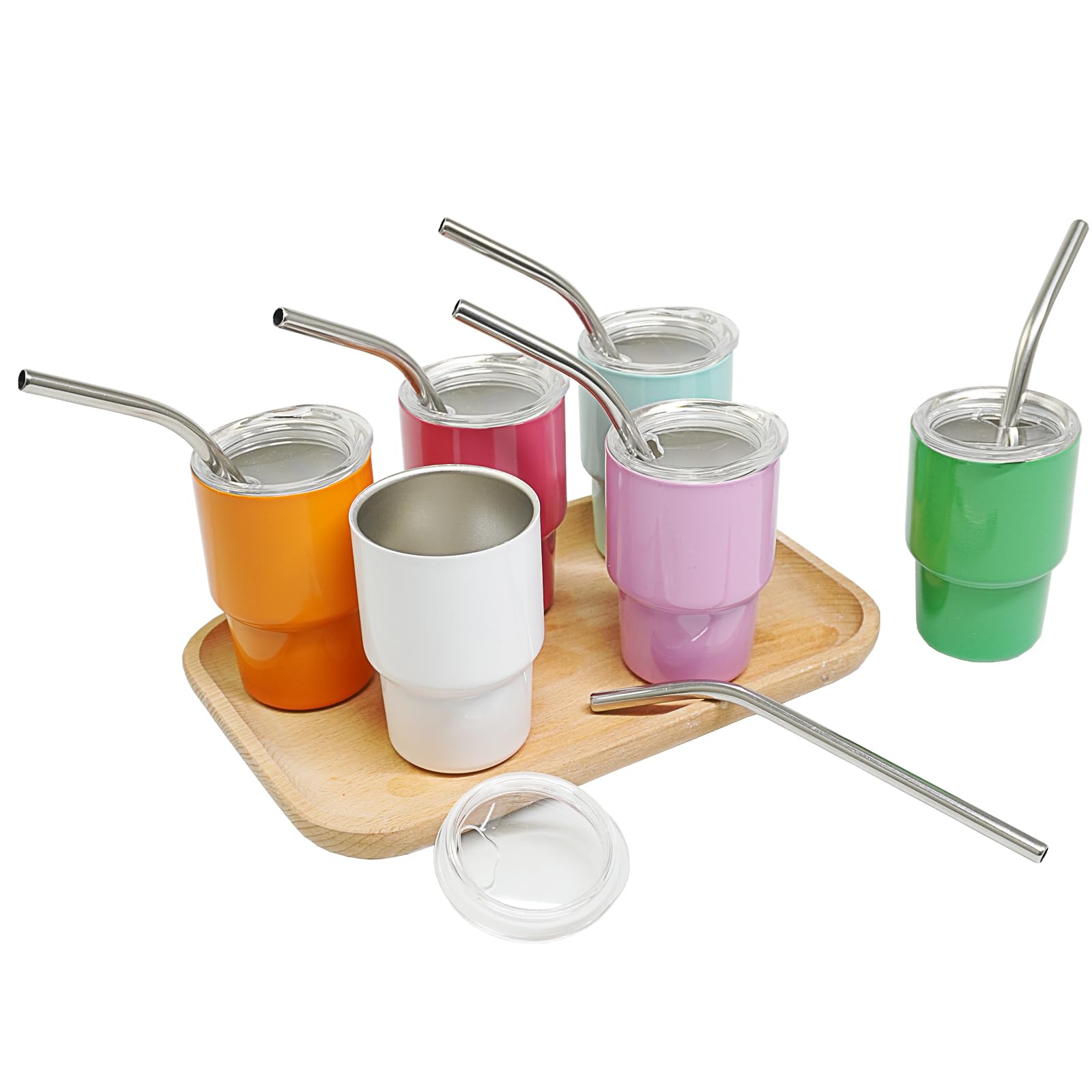 Xikangshun 6PCS Mini Tumbler Shot Glasses, 3oz Stainless Steel, 4.3×8cm Cute Multicolor Cups with Straw & Lid