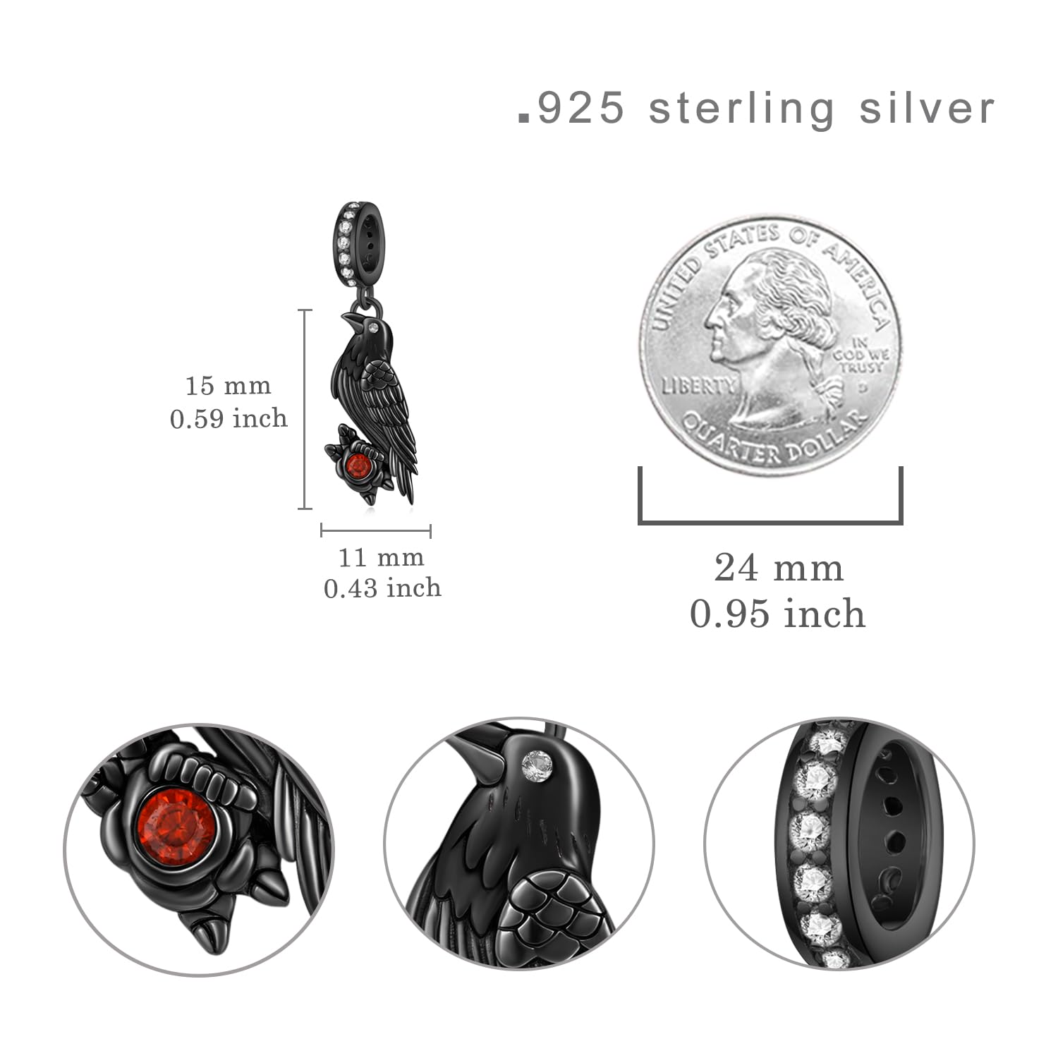 Charms gotico argento Sterling 925 corvi neri charms per braccialetti gioielli corvo Goth The Crow regali per le donne