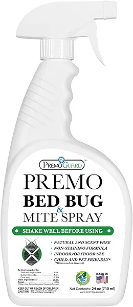 Premo Guard Bed Bug Killer Spray 24 oz - University Tested 100% Kill Rate - Natural Non Toxic, Stain & Scent Free - Kill Bedbugs & Mites On Bed & Blankets, Furniture, Clothing - Child & Pet Safe