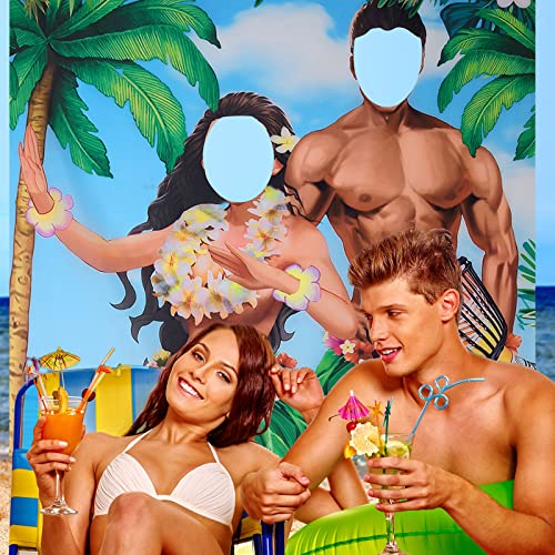 Image of Tudomro 6 x 4 ft Hawaiian Photo Props Banner Tropical Luau Tiki Couple Door Banner Aloha Party Decorations Fabric Luau Photo Booth Background Aloha Tiki Backdrop for Beach Party