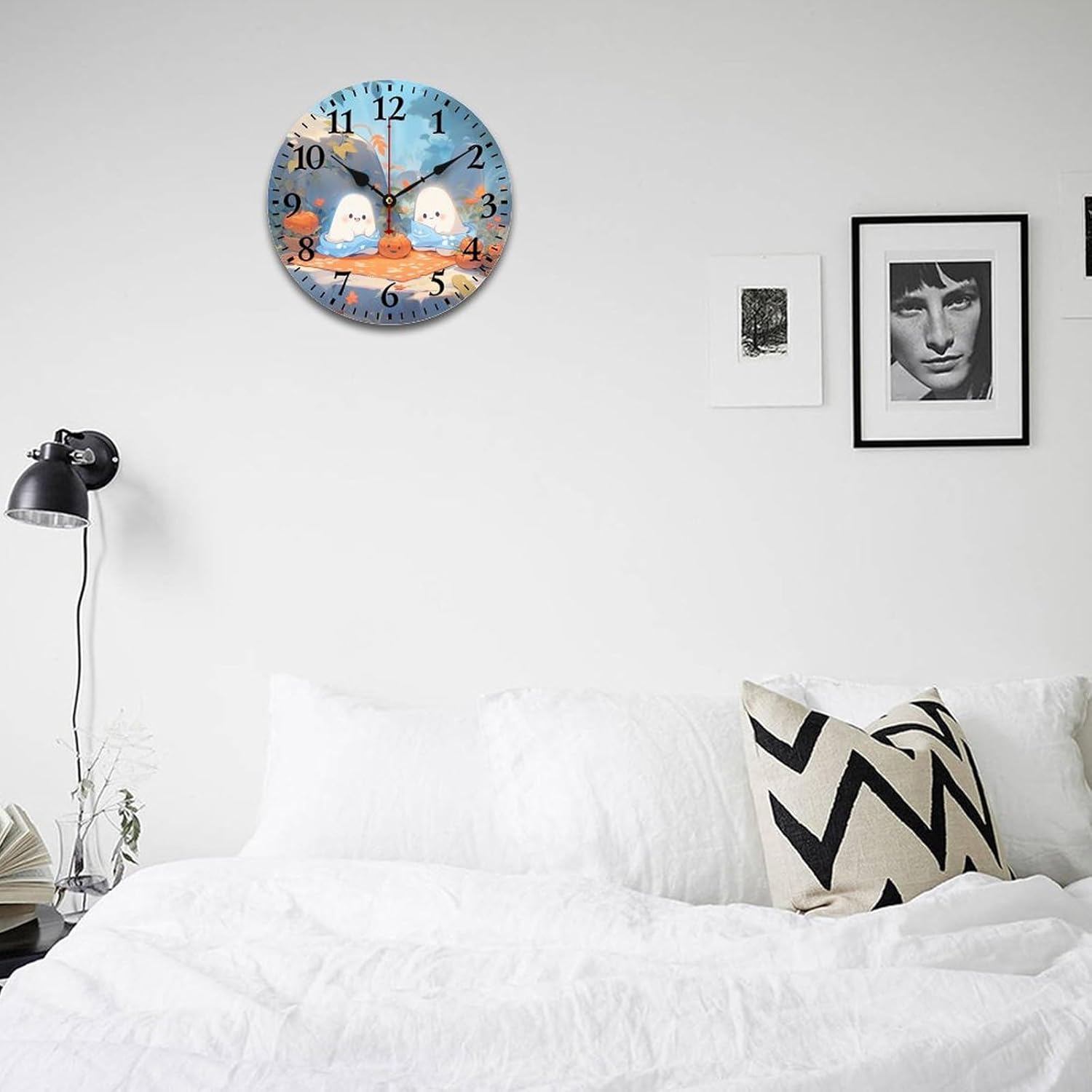 Ghosts and Pumpkin Wall Clock Fall Happy Halloween Vintage Wood Print Wall Clock Battery Operated Living Room Bedroom Kitchen Farmhouse Decor Arabic Numbers 12 Inch Round