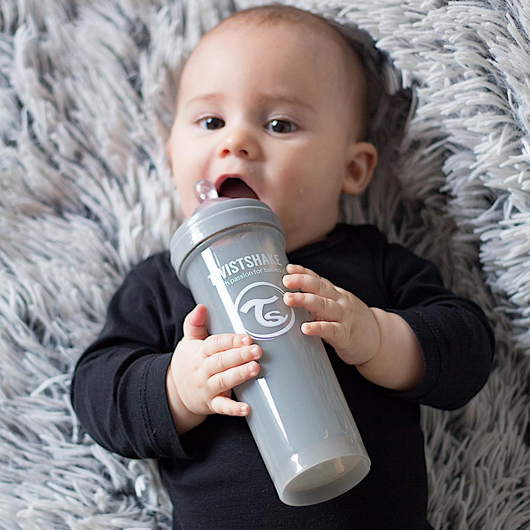 Twistshake 2x Biberón Anticólico Con Contenedor De Leche En Polvo Y Mezclador - 330ml | Tetina De Silicona De Flujo Rápido | Biberón Sin BPA | 4+ Meses | Gris