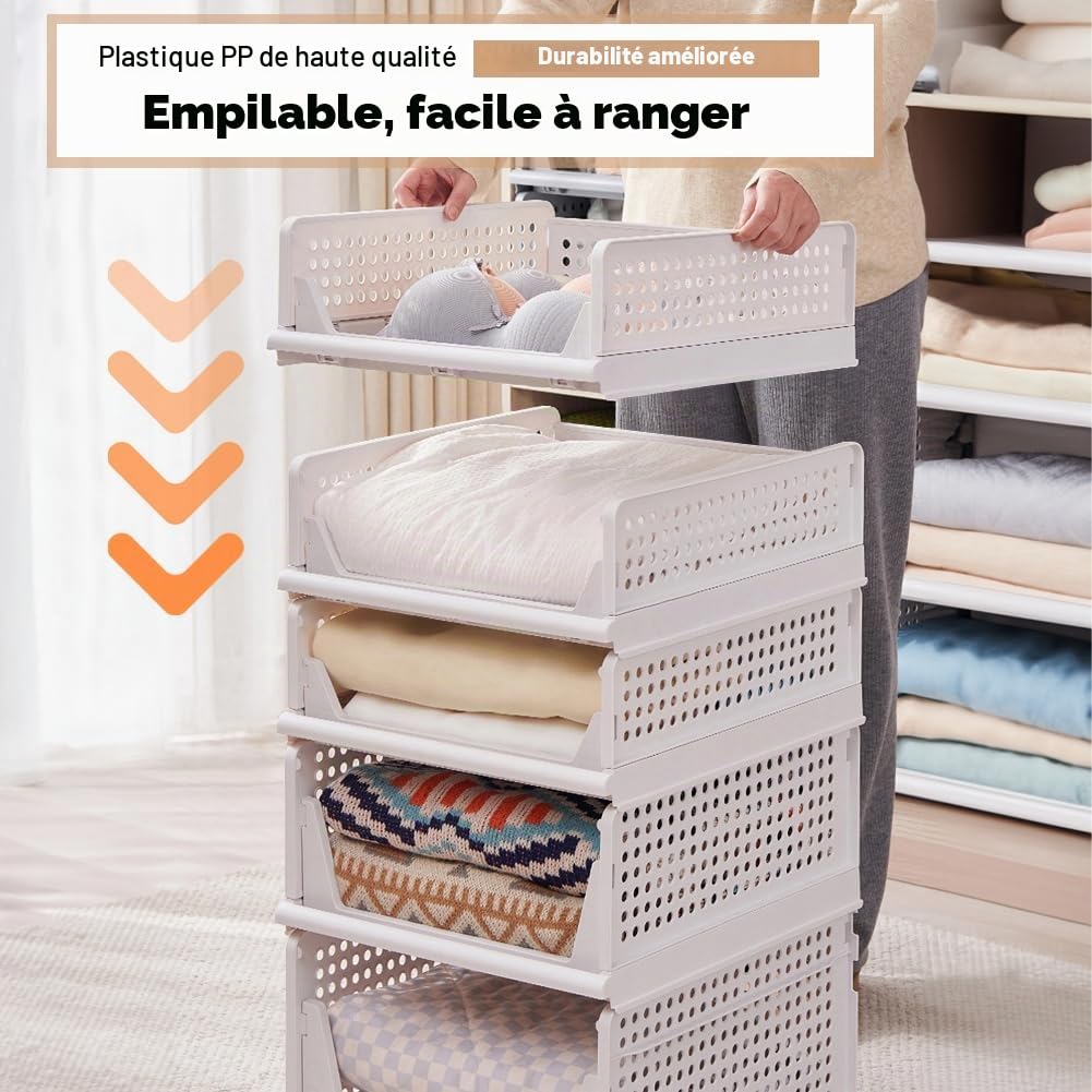 Lot de 3 boîtes de rangement pliables en plastique empilables pour vêtements, chambre à coucher, cuisine, salle de bain