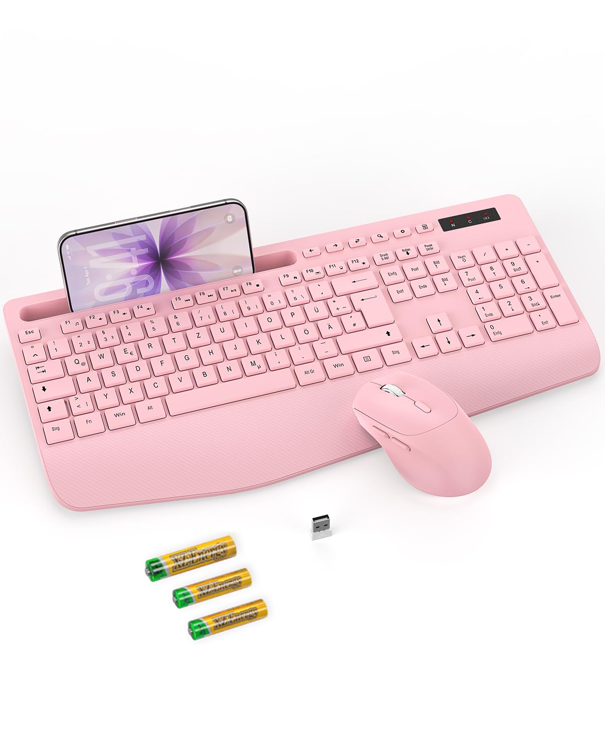 Tastatur Maus Set kabellos, 2.4G keine Latenz Ergonomische Tastatur kabellos Set, Handballenauflage, Telefonhalter, Akku im Lieferumfang enthalten, Leise Maus und Tastatur für Laptop, PC, Windows-Rosa
