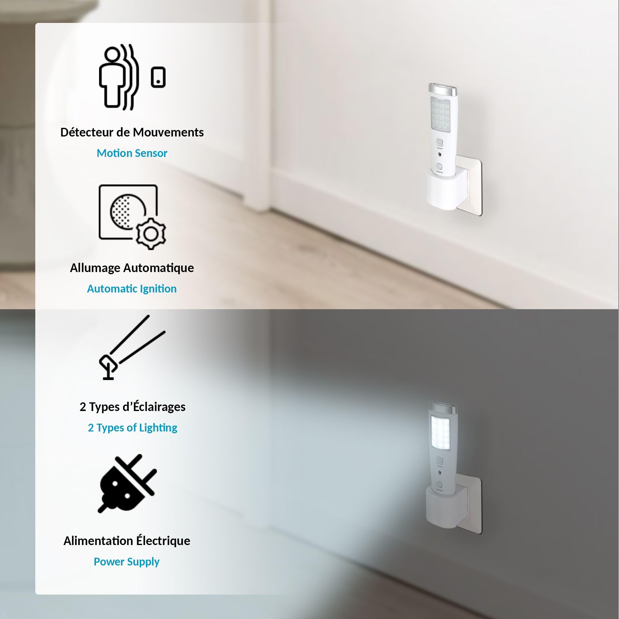 Torcia, Lampada pilota LED con Rilevatore di Presenza - Angolo di rilevamento 60° - 15 LED - Ricaricabile in Presa Elettrica - Batteria 3,7V - 15cm - Bianco
