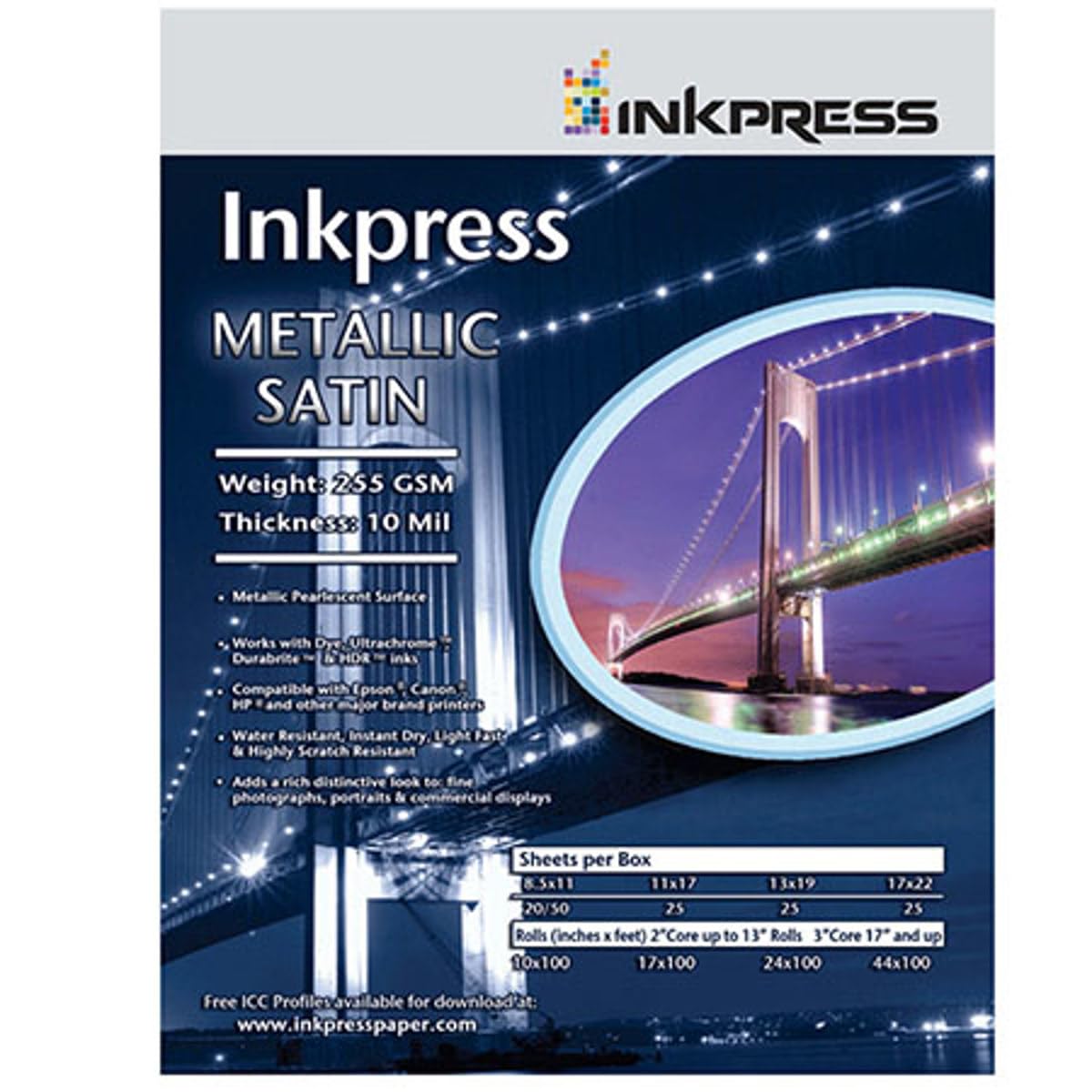 Inkpress Metallic Satin Inkjet Paper, 255 gsm, 10 mil, Metallic Pearlescent Surface, 5x7", 50 Sheets