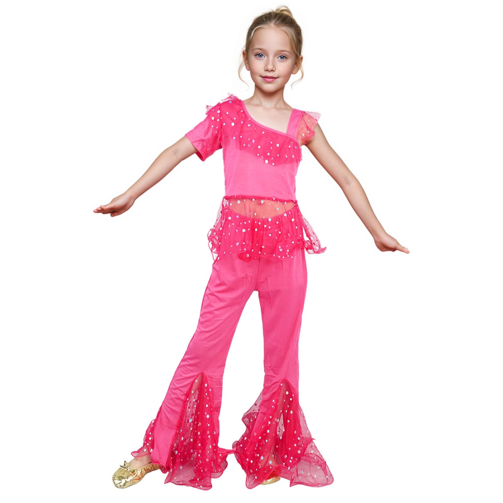 Baisdan Girls Belly Dance Costume India Belly Dance Arabian Princess Halloween Set Rose red 5-6 Years