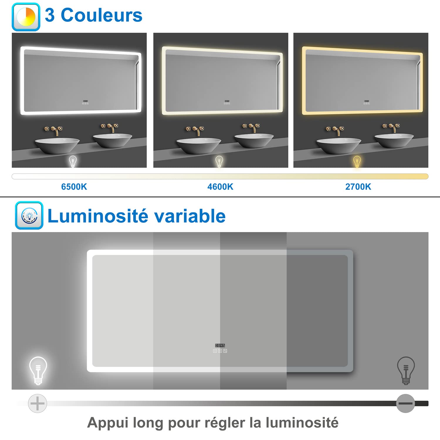 AICA Miroir de Salle de Bain à LED avec Bluetooth 120 x 70cm, Mural Miroir avec Anti-buée + 3 Couleurs + Horloge, Miroir avec Interrupteur Tactile Étanche IP44, Éclairage à Intensité Variable