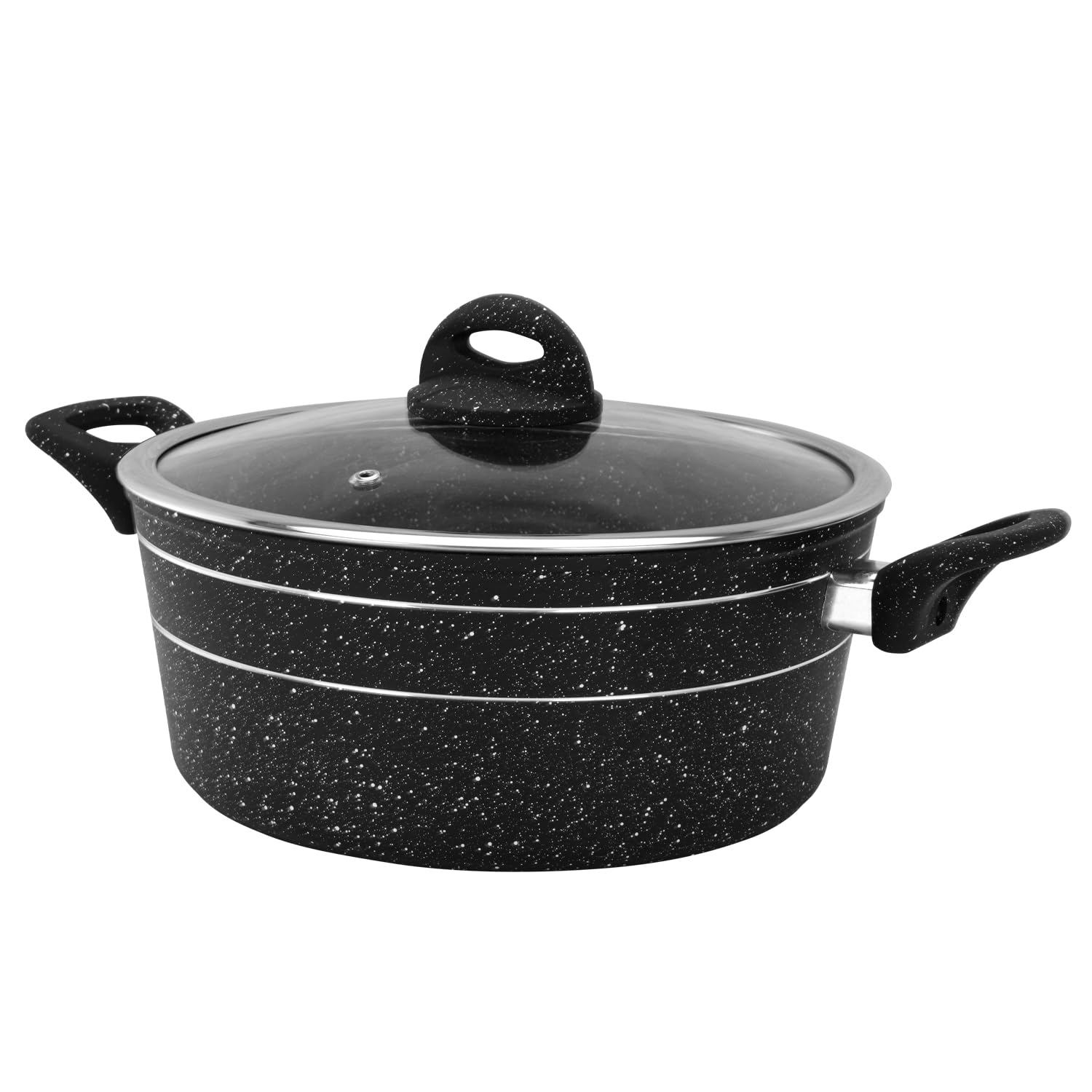 Royalford Casserole Dish with Tempered Glass Lid | Cooking Pot, Induction Stockpot Saucepan with Non-Stick Granite Coating | Forged Aluminium Cookware, Suitable for Multiple Hobs | Black (26 CM)