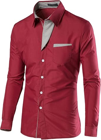 Men Fashion Contrast Striped Decorative Shirt Plaid Collar Button Shirt Casual Cotton Long Sleeve Dress Shirt Claret,Large
