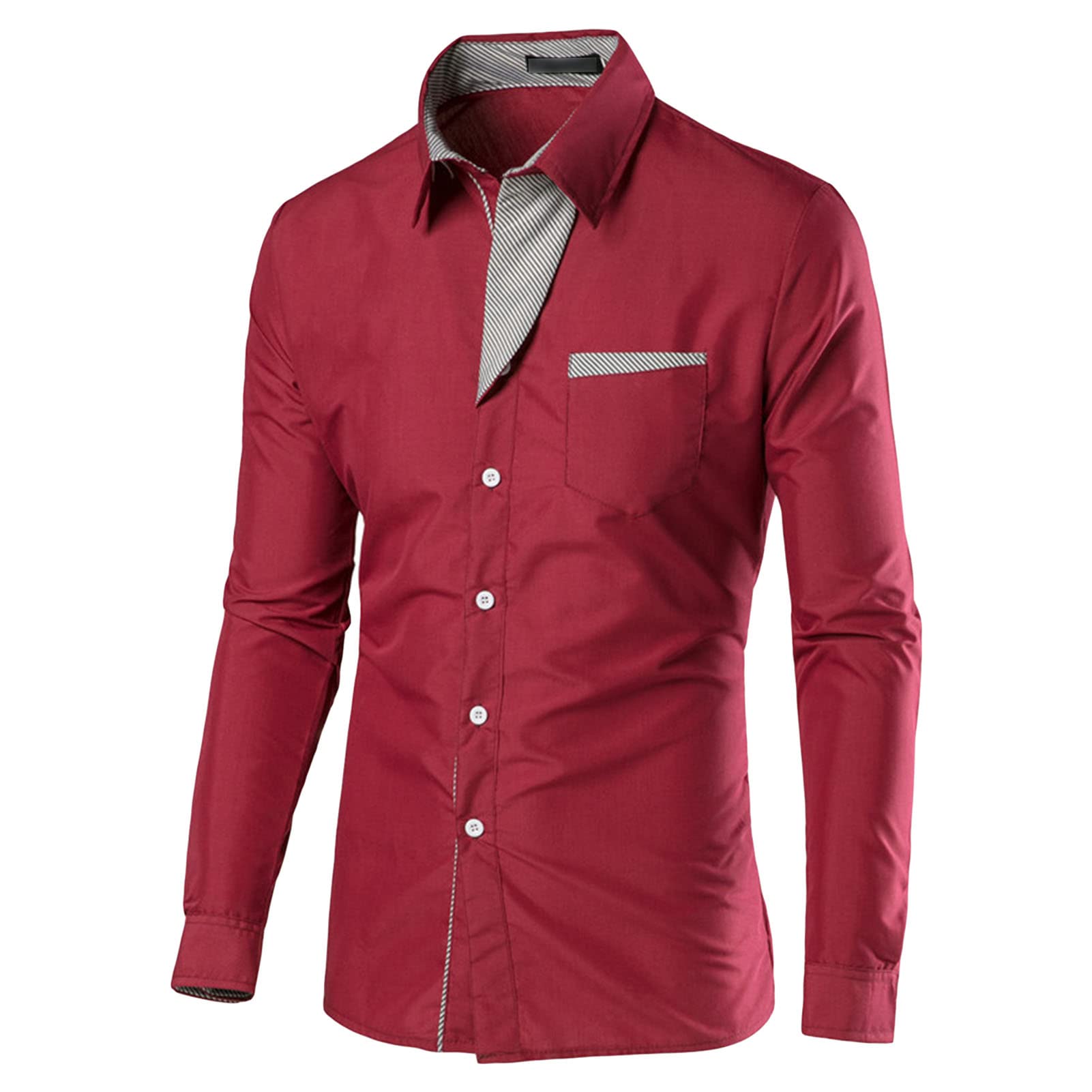 Mens Long Sleeve Stylish Dress Shirts Patchwork Casual Button Down Shirts Turn-Down Collar Shirt Top with Pockets (Red,4X-Large)