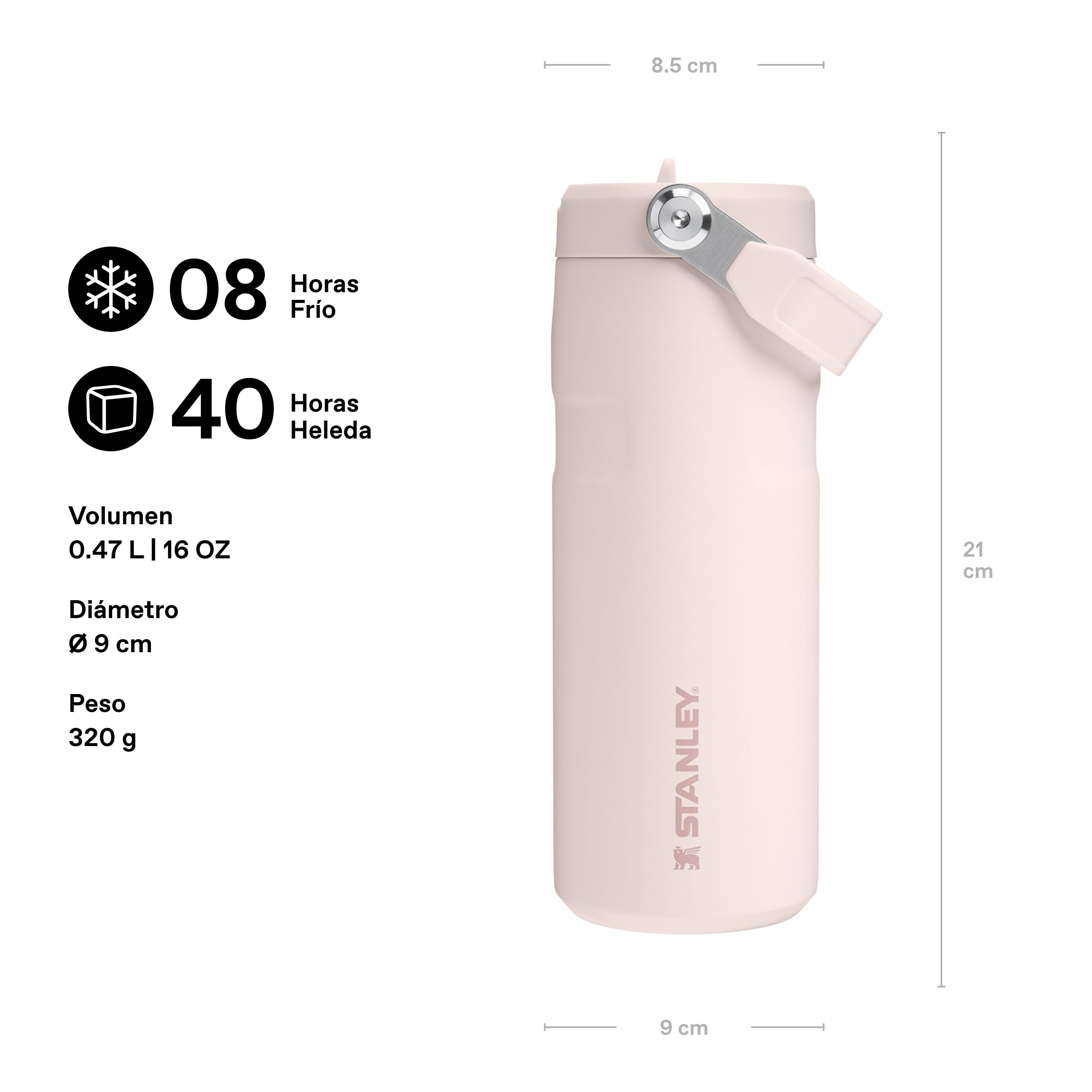 Stanley Flip Straw 2.0 Botella Agua Acero Inoxidable Con Pajita 0.47L - 8 Horas Fría - 40 Horas Helada - Acero Inoxidable - Sin BPA - Antifugas - Apta Para Lavavajillas - Rose Quartz
