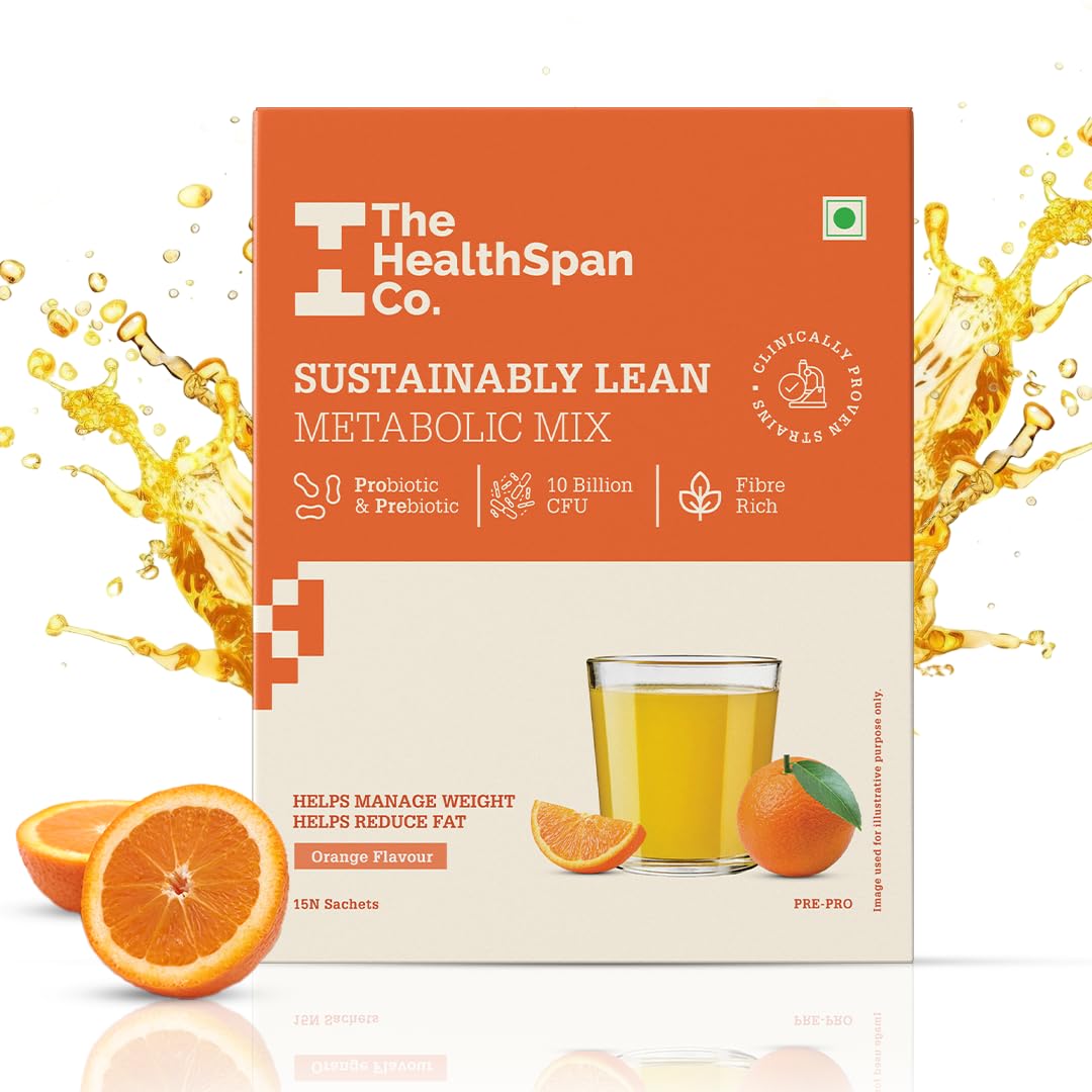 The Healthspan Co. Metabolism Support for Weight Management, Metabolically Lean for Women & Men, Fiber Rich, 10 Billion CFU Probiotic, L-Carnitine, 15 Days Pack, Pack of 1, Orange Flavour