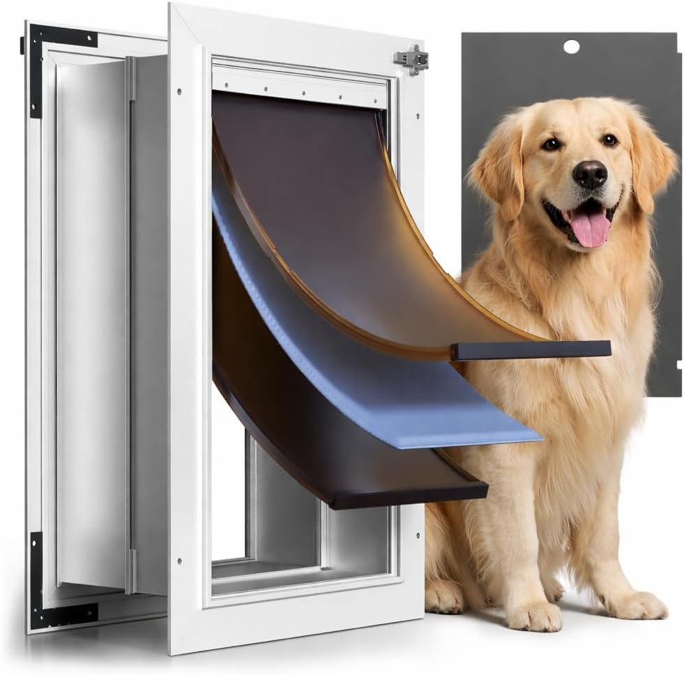 3-Flap Insulated Aluminum Dog Door for Walls, Heavy-Duty Telescoping Pet Door with Dual Security Locks & Magnetic Flaps, Closing Panel, Large, Pets Up to 110 LB