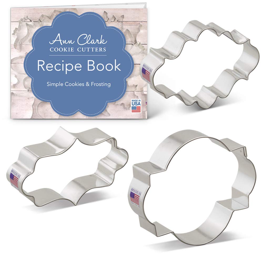 Ann Clark Cookie Cutters Plaque Frame and Fondant Set with Recipe Card - 3 Piece - Long Fancy, Oval, Photo Plaques - USA Made Steel