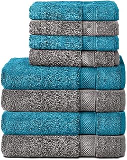 Komfortec Zestaw 8 ręczników 100% bawełny 470 g/m², 4 ręczniki kąpielowe 70 x 140 cm i 4 wycieraczki 50 x 100 cm, miękka gąbka, duży rozmiar, antracytowo-turkusowa