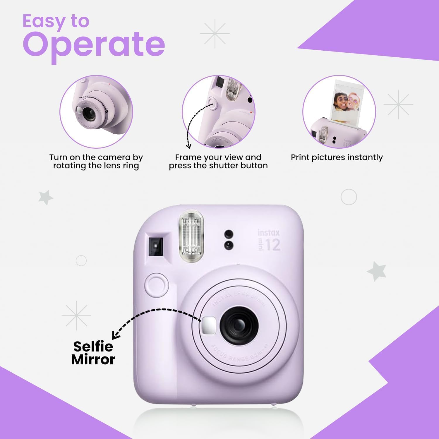Fujifilm Instant Mini Camera + Accessory Bundle & Compatible Custom Case + Fuji Instant (20 Shots) Designer Mini Photo Album (60 Pockets) (Lilac Purple)