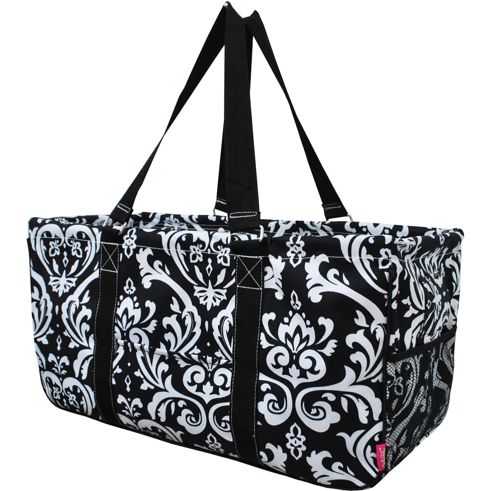 NGIL Extra Large Utility Tote Reusable Grocery Bag Oversized Collapsible for Groceries, Storage, Picnic, Beach (Damask-black)