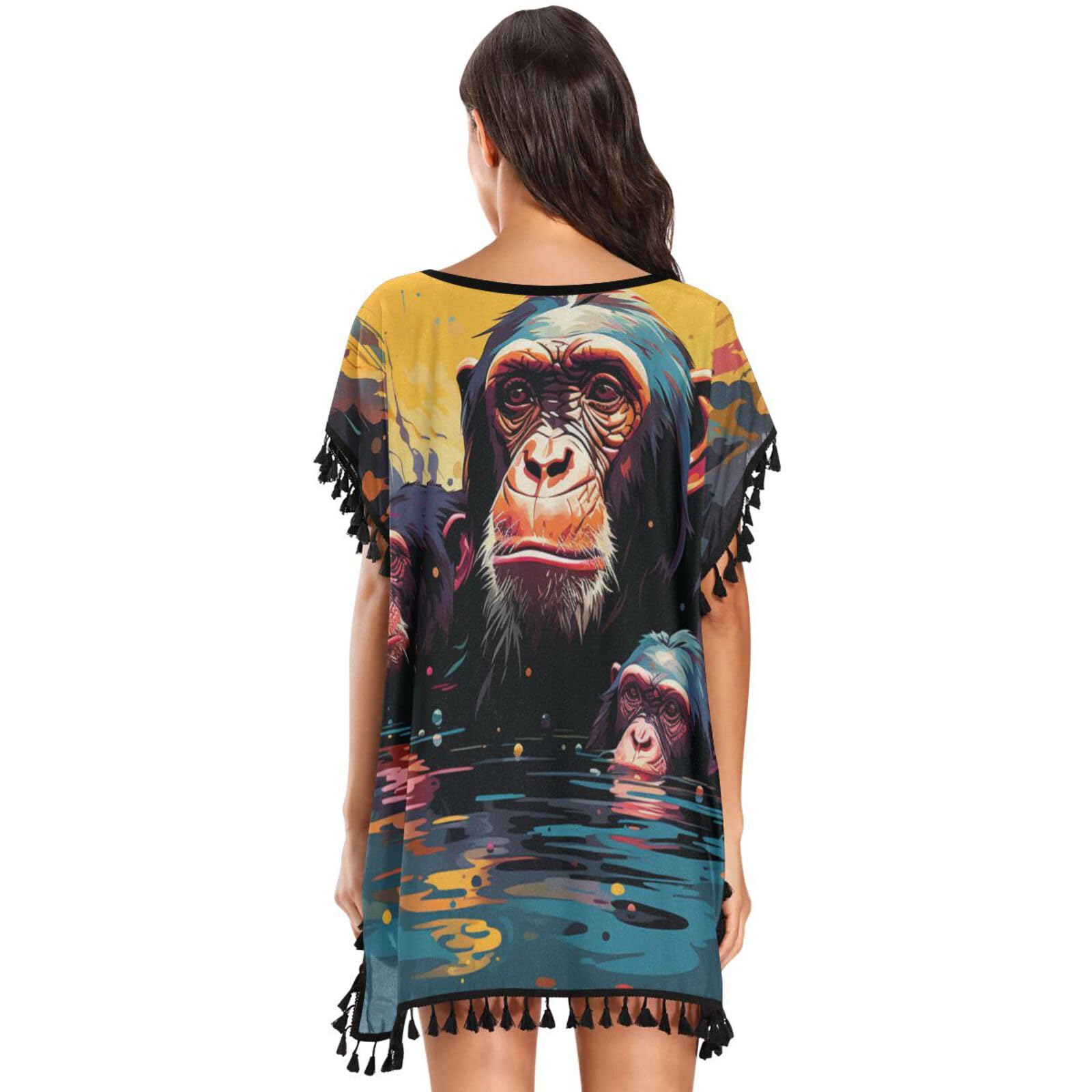 Watercolor Art Chimpanzees Monkey Women's Beach Cover Up Chiffon Tassel Swimwear Swimsuit Coverups for Girl