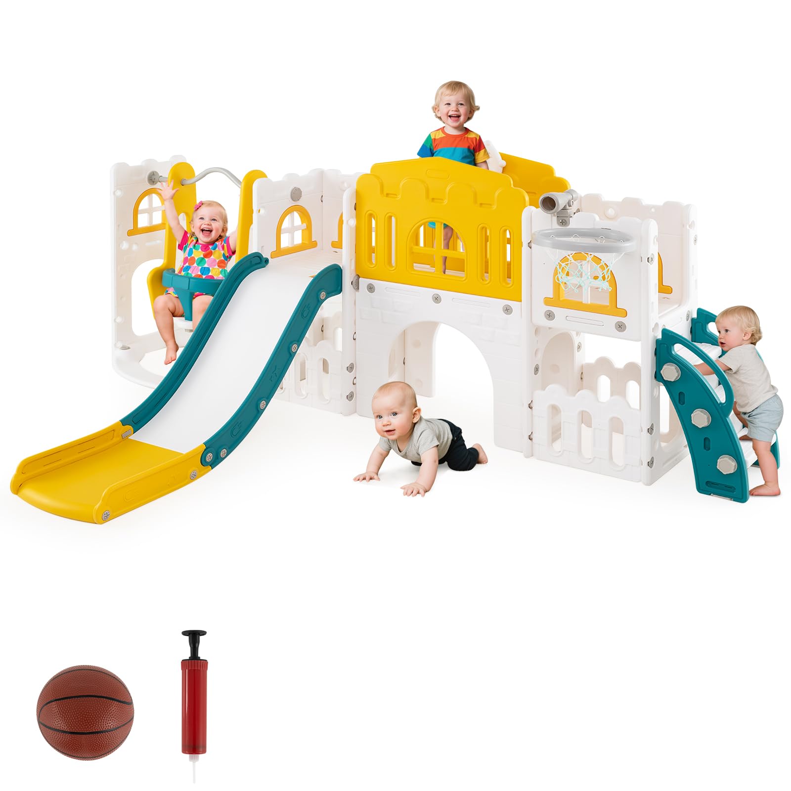 COSTWAY Kinder Rutsche mit Klettergerüst & Schaukel, Rutschenset mit Schaukel Basketballkorb Teleskop Lenkrad, Montessori Indoor-Spielplatz für Kinder ab 1 Jahr (Grün + Gelb)