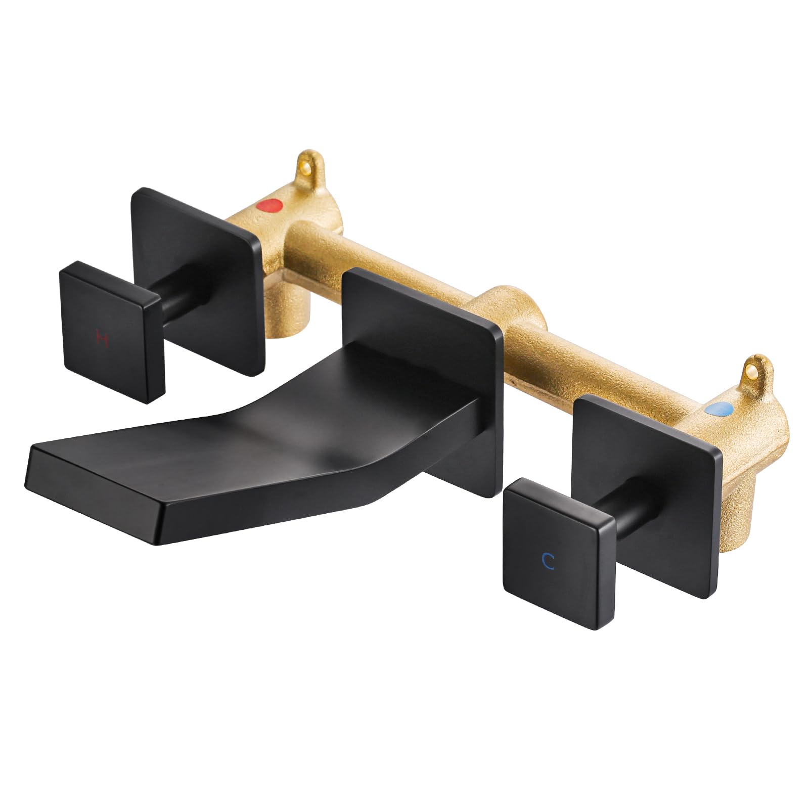 ARCORA Wall Mount Bathroom Faucet Matte Black Dual Handle Wall Mount Waterfall Vessel Sink Faucet Brass Rough-in Valve