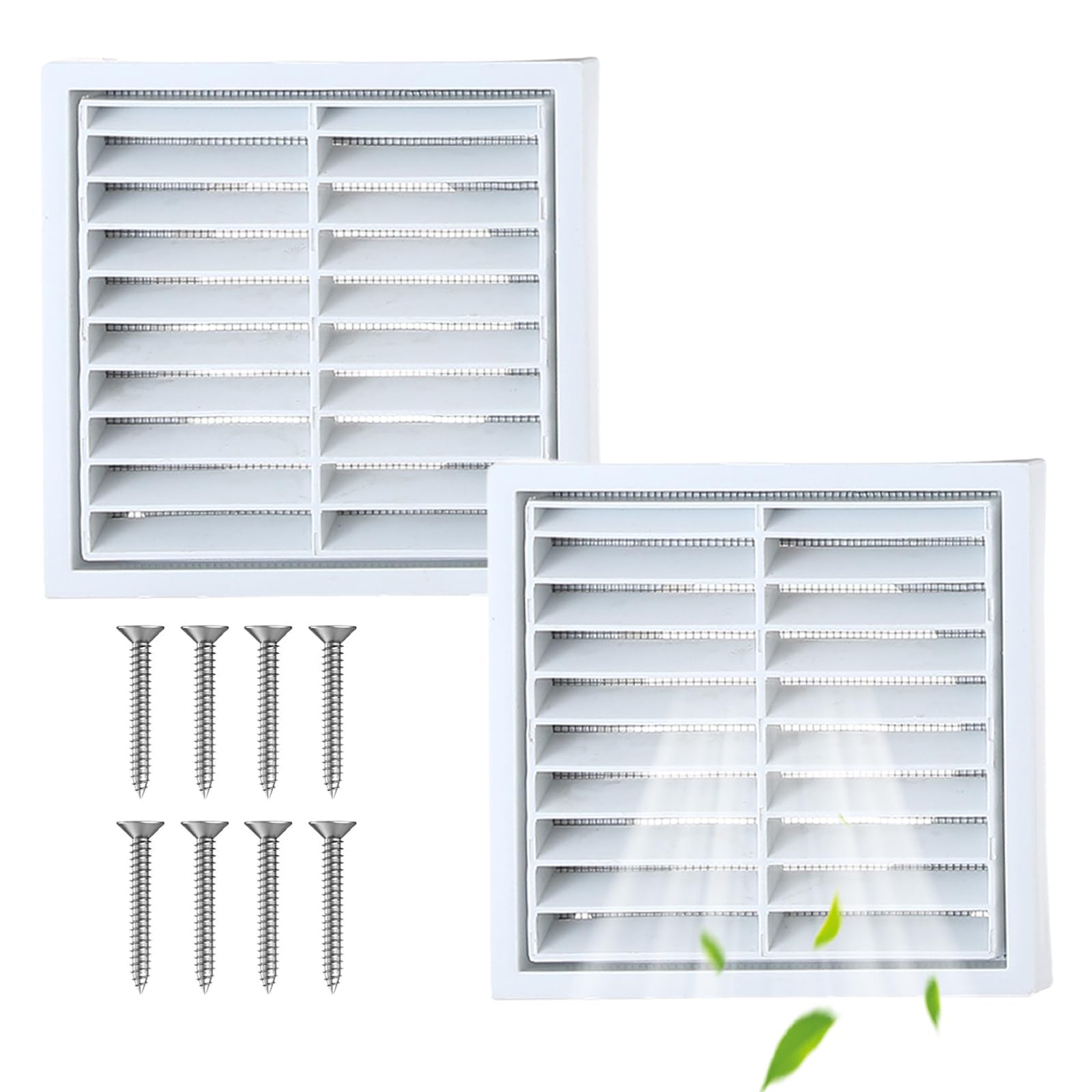 Heuiop White 2 Pcs Louvred External Vent Cover 4 Inch With Flyscreen, Plastic Extractor Fan＆Tumble Dryer Vent Cover With 8 Pcs Screws For Garage, Bathroom, Kitchen, Exterior Walls, Ventilation Systems