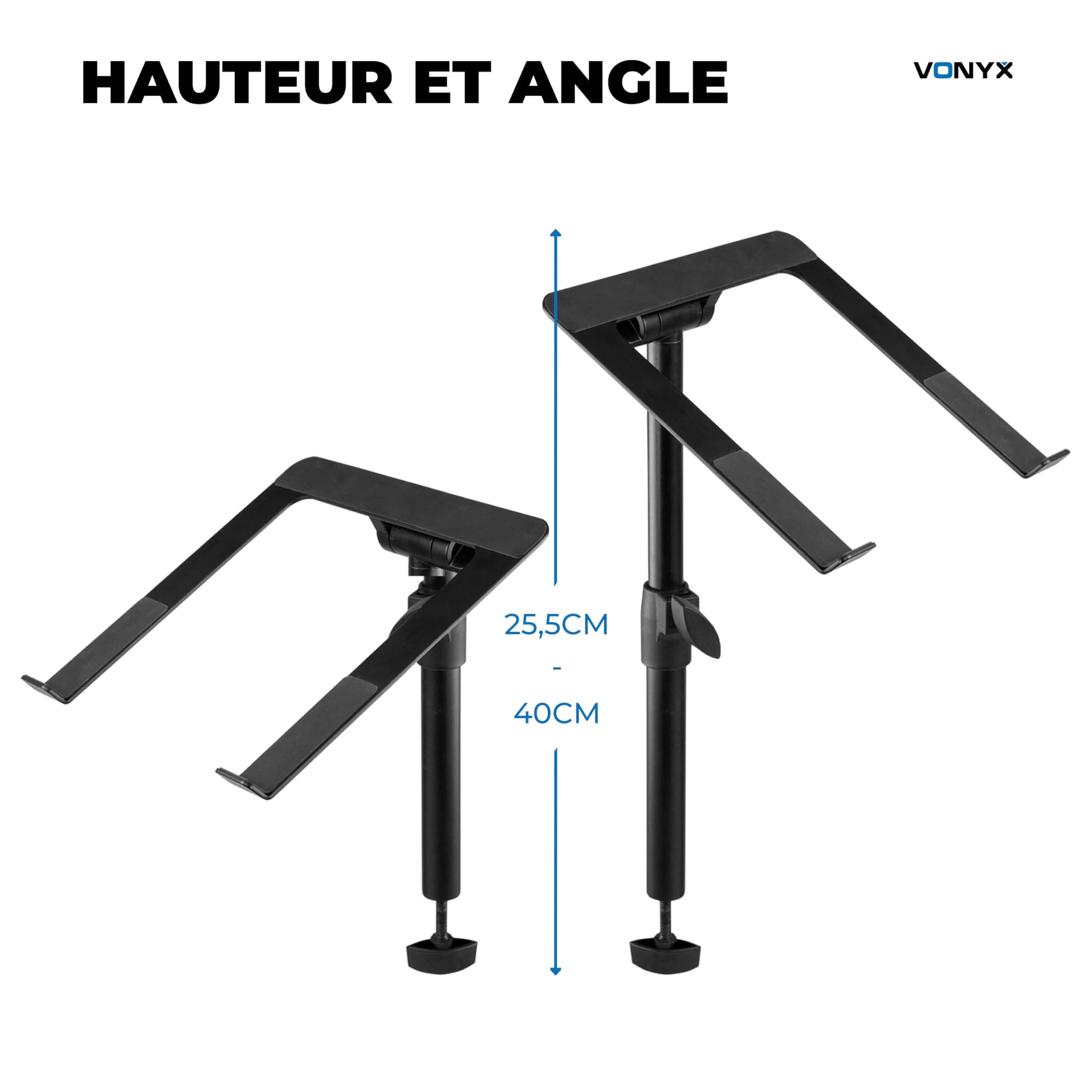 Vonyx DBLH1 Support Ordinateur Portable DJ Réglable en Hauteur, Stand PC Portable pour Booth et Scène, Structure Stable Métal Noir