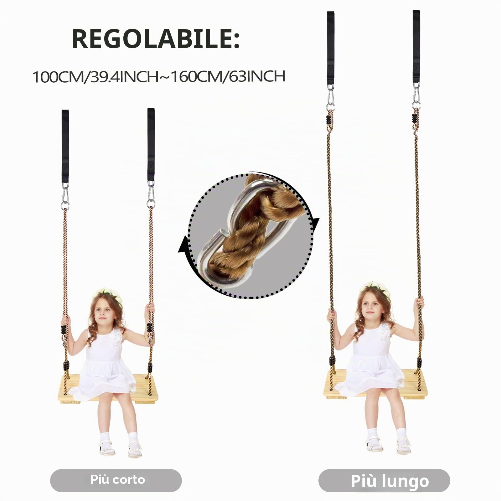 KINSPORY Altalena Legno, Altalena da Giardino per Bambini, Seggiolino Altalena Bambini Legno, Sedili per Altalena per Bambini da Giardino con Corda in Canapa Regolabile