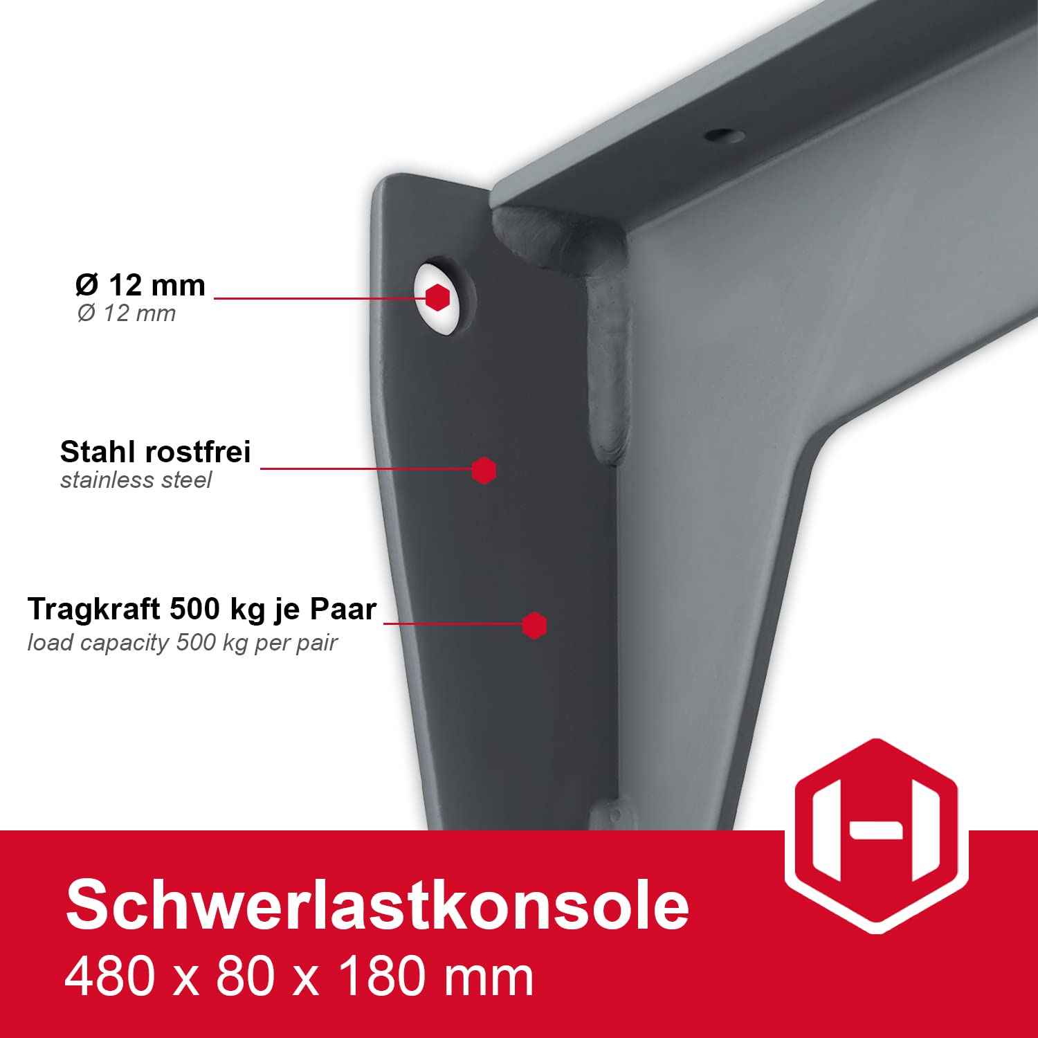 Gedotec Console pour charges lourdes | 1 pc - support d'étagère angulaire | MIRA Strong | longueur 480 mm | capacité de charge 500 kg par paire | support d'étagère en acier massif gris